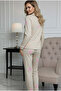 Beige and Turquoise Star Print Long Sleeve Button-Up Pajama Set with Piping 7955 - 3