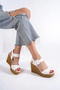 Perla Buckle Elastic Wedge Heeled Orthopedic Sole Straw Look Women's Sandals Ckt - White - 2