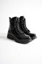 Women's Genuine Leather Lace-Up Zippered Comfortable Boots - Black Patent Leather - 4