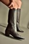 V654082103 Brown Genuine Leather Thick Heeled Women's Boots