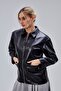 Women's Black Zippered Leather Jacket Regular Fit – Double-Breasted Shirt Collar Long Jacket with Pockets | - 6