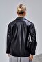 Women's Black Zippered Leather Jacket Regular Fit – Double-Breasted Shirt Collar Long Jacket with Pockets | - 5