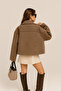 Women's Brown Zigzag Patterned Cashmere Short Coat - 3