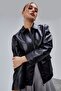 Women's Black Zippered Leather Jacket Regular Fit – Double-Breasted Shirt Collar Long Jacket with Pockets | - 7