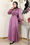 Stone Detailed Satin Evening Dress Dusty Rose Msw19901-5 - 3