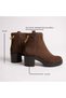 Brown Suede Genuine Leather Women's Thick Heeled Boots with Gold Chain Detail - 5