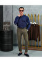 Men's Navy Blue Cotton Lycra Slim Fit Cut Neck Vertical Stripe Knitwear Sweater - 5