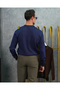 Men's Navy Blue Cotton Lycra Slim Fit Cut Neck Vertical Stripe Knitwear Sweater - 4