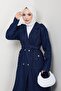 Women's Belted Denim Navy Blue Trench Coat with Pockets - 4