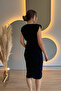 Double-Breasted Navy Blue Midi Dress with Collar and Shoulder Pad Stones - 5