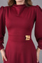 Stretchy Crepe Fabric Brooch-Detail Long Balloon-Sleeve Flared-Cut Midi-Length Burgundy Evening Dress 77155 - 6