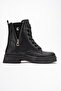 Women's Plain Ornamental Zippered Boots Black Leather - 2