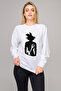 Silhouette Dragon Ball Printed White Women's Knitted Sweatshirt Long Sleeve
