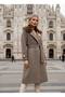 Italian Tweed Fabric Brooch Detailed Fur Belted Special Design Belted Lined Maxi Coat - 4