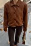 Brown Suede Polo Neck Button Closure Women's Crop Coat - 4
