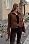 Brown Suede Polo Neck Button Closure Women's Crop Coat - 3