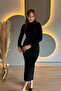 Draped Slit Long Sleeve Silvery Black Midi Dress - 4