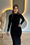 Draped Slit Long Sleeve Silvery Black Midi Dress - 7