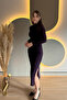 Draped Slit Long Sleeve Glitter Purple Midi Dress - 3