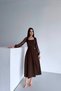 Square Neckline Sleeves Tulle Belted Brown Dress - 3