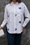 White Single Pocket Star Embroidered 75% Cotton 25% Linen Shirt