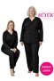 Black Floral Lace Detailed V-Neck Buttoned Transitional Cotton Lycra Long Sleeve Pajama Set Wide Fit