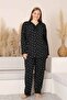 Black Floral Lace Detailed V-Neck Buttoned Transitional Cotton Lycra Long Sleeve Pajama Set Wide Fit - 7