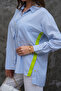 Blue Side Buttoned Neon Stripe Detail 50% Cotton 50% Viscose Fabric Oversized Shirt (Buy One Size Smaller)