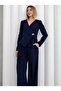 Women's Navy Blue Gold Buttoned Asymmetrical Cut Velvet Jacket - 5