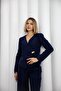 Women's Navy Blue Gold Buttoned Asymmetrical Cut Velvet Jacket - 2