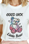 Women's White Relaxed Fit 100% Cotton T-Shirt – Graffiti Teddy Bear &''Good Luck'' Printed - 7