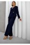 Women's Navy Blue Gold Buttoned Asymmetrical Cut Velvet Jacket - 6