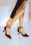 Black Suede 7 cm Belt Strap Pointed Toe Stiletto Thin Heels Women Shoes - 3
