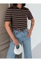 Polo Neck Striped Short Sleeve Women's Knitwear T-Shirt - 3