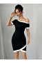 Women's Short Sleeve Asymmetric Cut Collar Stripe and Accessory Detailed Modal Dress - 3