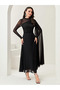Women's Long Sleeve Tulle Detail Semi-High Neck Sandy Long Evening Dress–Special Occasion, Wedding-Invitation Dress