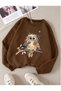Women's Brown Colored Owl Printed Crew Neck Oversized Sweatshirt