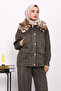 Khaki Collar Fur Suede Jacket Trouser Suit - 3