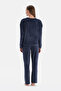 Long Sleeve Navy Blue Velvet Pajama Set - 2
