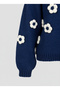 Women's Wool Cobalt Blue Crew Neck 3D Daisy Embossed Soft Textured Oversized Trend Knitwear Sweater - 5