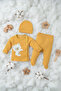Cute Teddy Bear Embroidered 100% Cotton Tan Ribbed Baby Set - 2