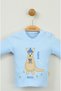 Cute Kangaroo Embroidered 100% Cotton Blue Ribbed Baby Set - 5