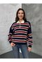 Navy Blue-Burgundy Polo Neck Striped Women's Knitwear Sweater - 2