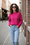 Women's Fuchia Oversized Knitwear Sweater - Soft Textured Crew Neck - 2