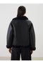 Classic Loose/Bol Kesin Black Fur Collar Plush Lining Leather-Look Women's Coat - 3