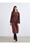 Brown Crew Neck Textured Shirred Dress