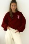 Women's Oversize Sweatshirt Piglet Hugs Printed Claret Red – Crew Neck, 3 Thread Ribbed - 2