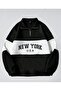 Unisex Black and White Segmented Color New York Usa Printed Half Zipper Polo Neck Sweatshirt