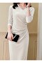 Women's Long Sleeve Double-Breasted Collared Side Gathered Front Cross Detailed Midi Velvet Dress - 2