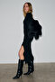 Soreya Women's Round Neck Line Patterned Slit Slim Fit Knitwear Black Dress - 2
